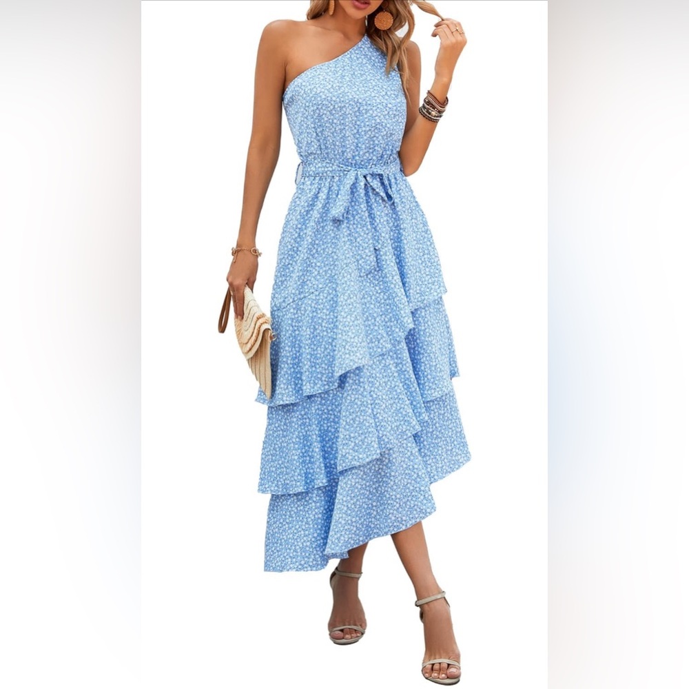 PRETTYGARDEN Floral Sundress Casual One Shoulder Tiered Ruffle Flowy Boho Dress